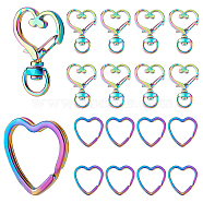 Elite 10Pcs Rainbow Color Plated Iron Split Key Rings, with 10Pcs Alloy Swivel Snap Hooks Clasps, Heart Pattern, Swivel Snap Hooks Clasps: 35x24mm, Key Rings: 31x30.5x3mm, Inner Diameter: 26x25mm(KEYC-PH0001-75B)