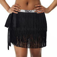 Polyester Tassel Belly Dance Short, Hip Scarf, Sequins Costume Party Rave Skirts, Fringe Hip Skirt, with Plastic Sheet, Black, 2200mm(AJEW-WH0038-96B)