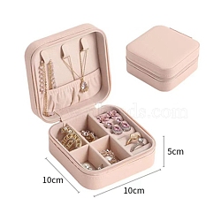Imitation Leather Jewelry Storage Zipper Boxes, Travel Portable Jewelry Organizer Case for Necklaces, Earrings, Rings, Square, Pink, 10x10x5cm(PW-WG57671-01)