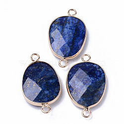 Natural Lapis Lazuli Links Connectors, with Light Gold Plated Edge Brass Loops, Oval, Faceted, 30.5~31.5x17.5x5~6mm, Hole: 2mm(G-R472-01I)