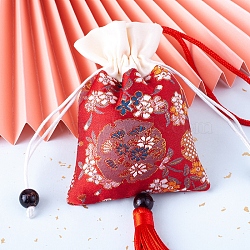 Silk Embroidery Flower Pouches, Drawstring Bag, Rectangle with Tassel, Red, 11.5x8.5cm(PW-WG60300-10)