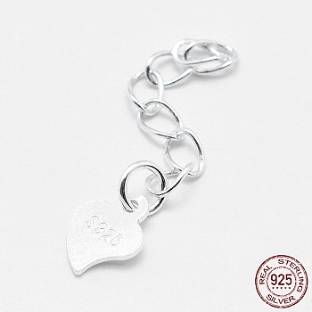 925 Sterling Silver Extender Chains, with Heart Charms, Silver, 39~41mm, Heart: 7x5x0.5mm