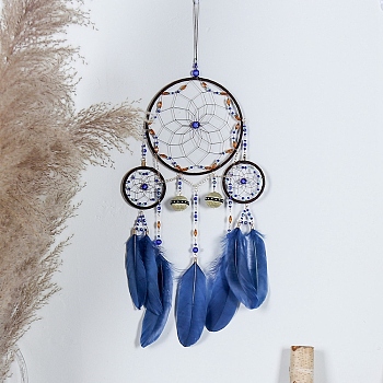 Woven Web/Net with Feather Wall Hanging Decorations, with Iron Ring and Evil Eye Bead, for Home Bedroom Decorations, Royal Blue, 460mm