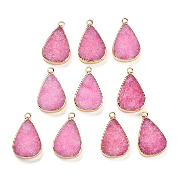 Natural White Jade Dyed Pendants, Druzy Teardrop Charms with Golden Tone Brass Edge, 29x18.5x6mm, Hole: 1.8mm