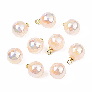 ABS Plastic Imitation Pearl Charms, with Brass Findings, AB Color Plated, Golden, Round, Light Salmon, 11.5x8mm, Hole: 1.5mm