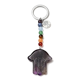 Natural Amethyst Chakra Keychain, with Iron Split Key Rings and Flat Round Alloy Charms, Hamsa Hand, 11.5cm