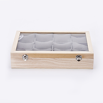Wooden Bracelet Presentation Boxes, with Glass and Velvet Pillow, 12 Grids Pillows with Lid Tray Jewelry Display Boxes, Rectangle, Antique White, 35x24x7.5cm