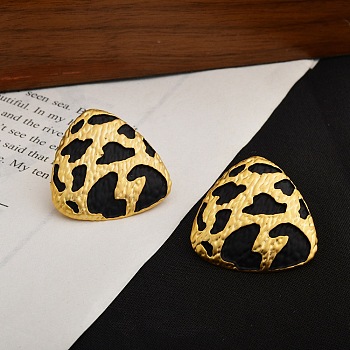 Leopard Print Brass Enamel Stud Earrings for Women, Matte Style, Real 22K Gold Plated, Triangle, 23.5x24mm