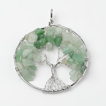 Tree of Life Natural Green Aventurine Big Pendants, with Brass Findings, Platinum, 63~65x49~51x8~10mm, Hole: 8~10mm