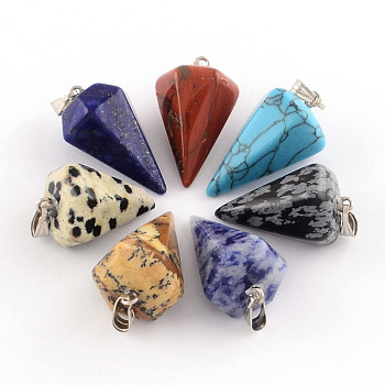 Cone/Spike/Pendulum Natural & Synthetic Mixed Stone Pendants, with Platinum Plated Iron Findings, 25~27x14x14mm, Hole: 6x3mm