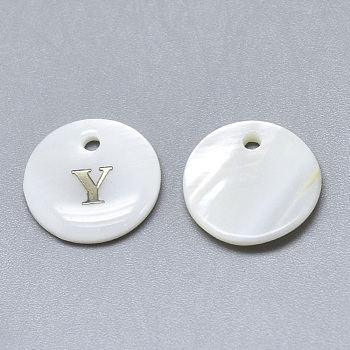 Natural White Shell Mother of Pearl Shell Charms, with Iron Sticker, Flat Round with Letter, Letter.Y, 13x2mm, Hole: 1.5mm