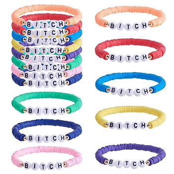 8Pcs 8 Colors Polymer Clay Heishi Surfer Stretch Bracelets Set, Acrylic Word Bitch Preppy Bracelets for Women, Mixed Color, Inner Diameter: 2-1/8 inch(5.5cm), 1Pc/style