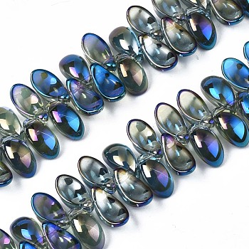 Electroplate Glass Beads Strand, Half Plated, Leaf, Multi-color Plated, 6x12.5x4.5mm, Hole: 0.9mm, about 100pcs/strand, 14.17 inch~ 15.35 inch(36~39cm)