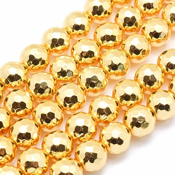 Electroplate Non-magnetic Synthetic Hematite Beads Strands, Grade AAA, Long-Lasting Plated, Faceted, Round, Golden Plated, 6mm, Hole: 1mm, about 63pcs/strand, 15.5 inch(39cm)