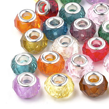 Acrylic European Beads, Large Hole Beads, with Silver Color Plated Brass Cores, Faceted, Rondelle, Mixed Color, 13~14x9~10mm, Hole: 4.5mm