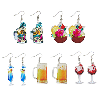 5 Pairs 5 Styles Acrylic Wine Glass Dangle Earrings with 304 Stainless Steel Pins, Mixed Color, 59~62.5x11~33mm, 1 Pair/style
