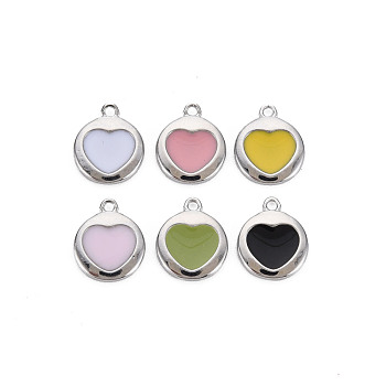 Brass Enamel Charms, Nickel Free, Flat Round with Heart, Mixed Color, Real Platinum Plated, 10x8x1mm, Hole: 1mm