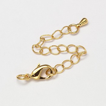 Rack Plating and Vacuum Plating Brass Chain Extender, Soldered, with Lobster Claw Clasps, Cadmium Free & Lead Free, Golden, 50~70mm, Clasps: 12x7mm, Hole: 3mm