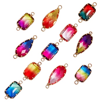 11Pcs 11 Styles K9 Glass Links/Connectors, Imitation Tourmaline, with Golden Tone Brass Findings, Faceted, Mixed Color, 1pc/style