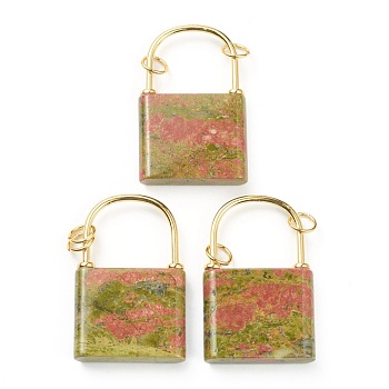 Natural Unakite Pendants, with Golden Plated Brass Findings, Lock, 46.5~47x30x7mm, Hole: 6mm