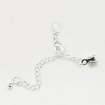 Iron Chain Extender, with Brass Folding Crimp Ends, Silver, Chains: 56~62mm long, Lobster Clasp: 12x8x3mm, End: 9x4mm, Iron Circle: 3mm inner diameter.