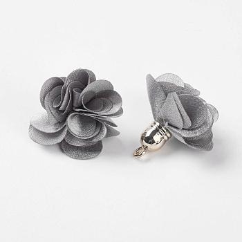 Cloth Pendant Decorations, with Acrylic Findings, Flower, Gray, 25~30x28~35mm, Hole: 2mm