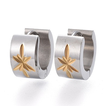 Two Tone 304 Stainless Steel Huggie Hoop Earrings, Textured, Ring with Flower, Golden & Stainless Steel Color, 12.5x13.5x7mm, Pin: 1mm