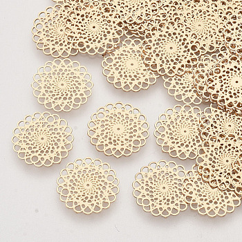 Brass Filigree Joiners Links, Etched Metal Embellishments, Long-Lasting Plated, Flower, Light Gold, 13x0.3mm, Hole: 1.2mm