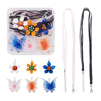 DIY Flower and Butterfly Necklace Making Kit, Including Handmade Lampwork Pendants, Jewelry Making Necklace Cord, Mixed Color, 12Pcs/box