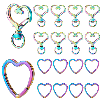 Elite 10Pcs Rainbow Color Plated Iron Split Key Rings, with 10Pcs Alloy Swivel Snap Hooks Clasps, Heart Pattern, Swivel Snap Hooks Clasps: 35x24mm, Key Rings: 31x30.5x3mm, Inner Diameter: 26x25mm