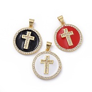 Brass Micro Pave Cubic Zirconia Pendants, with Enamel, Flat Round with Cross, Golden, Mixed Color, 22.5x20x2.5mm, Hole: 3.5x5mm(KK-G363-43G)