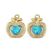 Brass Micro Pave Cubic Zirconia with Synthetic Opal Pendants, with Jump Ring, Real 18K Gold Plated, Apple, Apple, 19x16.5x3mm(KK-D096-01A-G)