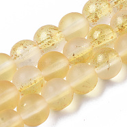 Frosted Spray Painted Glass Beads Strands, with Golden Foil, Round, Gold, 8~9mm, Hole: 1.2~1.5mm, about 46~56pcs/Strand, 14.37 inch~16.3 inch(36.5~41.4cm)(X-GLAA-N035-03C-C08)