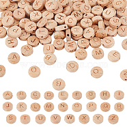 4 Sets Alphabet Undyed Wood Beads, Horizontal Hole, Flat Round with Laser Engraved Letter A~Z, Letter A~Z, 10x4mm, Hole: 1.6mm, 26pcs/set(WOOD-OC0002-68)
