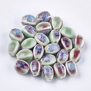 Handmade Porcelain Beads, Fancy Antique Glazed Porcelain, Oval, Medium Aquamarine, 12~14x9~10.5x9~11mm, Hole: 2.5mm(PORC-S498-07A)