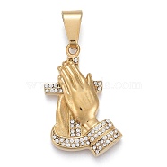 304 Stainless Steel Pendants, with Crystal Rhinestone, Praying Hands with Cross, Golden, 39.5x23.5x5.5mm, Hole: 6.5x11.5mm(STAS-K214-18G)