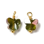 Electroplate Glass Charms, with Real 18K Gold Plated Brass Loop, Butterfly Charm, Dark Olive Green, 11.5x7.5x4.5mm, Hole: 1.6mm(KK-P242-10G)