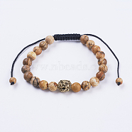 Adjustable Nylon Cord Braided Bead Bracelets, with Picture Jasper Beads & Alloy Findings, 2-1/4 inch(56mm)(BJEW-F308-59B)