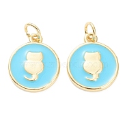 Brass Enamel Pendants, Long-Lasting Plated, Real 18K Gold Plated, Flat Round with Cat, Light Blue, 15.5x12.5x2mm, Hole: 3mm(ZIRC-J041-02B)
