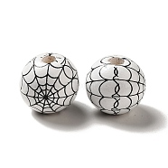 Halloween Printed Spider Webs Colored Wood European Beads, Large Hole Beads, Round, White, 16mm, Hole: 4mm(WOOD-K007-04G)