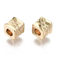 Brass Beads, Textured, Cube, Nickel Free, Real 18K Gold Plated, 4x4x4mm, Hole: 2mm(KK-R116-001B-NF)