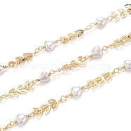 Brass Cobs Chains, with White Heart CCB Plastic Beads, Unwelded, Long-Lasting Plated, with Spool, Arrows, Golden, Arrows: 7x6x1.5mm, CCB Beads: 14x6x3.5mm, about 32.8 Feet(10m)/roll(CHC-H101-05G)
