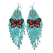 Bohemia Woven Glass Seed Bead Dangle Earrings, Tassel Chandelier Iron Earrings for Women, Butterfly, Turquoise, 133mm(EJEW-A046-02A)