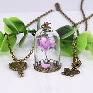 Butterfly & Key & Glass Dried Flower Wishing Bottle Pendant Necklace, with Antique Bronze Alloy Cable Chains, Violet, 33.46 inch(85cm)(PW-WG90318-02)