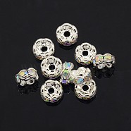 Brass Rhinestone Spacer Beads, Grade AAA, Wavy Edge, Nickel Free, Silver Color Plated, Rondelle, Crystal AB, 6x3mm, Hole: 1mm(X-RB-A014-L6mm-28S-NF)