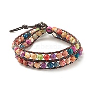 Round Natural Imperial Jasper(Dyed) Braided Wrap Bracelet, Gemstone Two Loops Bracelet for Women, Colorful, 17-3/8 inch(44cm)(BJEW-JB08177)