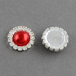 Garment Accessories Half Round ABS Plastic Imitation Pearl Cabochons, with Grade A Rhinestone and Brass Cabochon Settings, Silver Color Plated, Red, 14.5x4mm(RB-S020-02-A03)