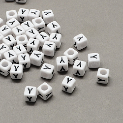 Large Hole Acrylic Letter European Beads, Horizontal Hole, White & Black, Cube with Letter.Y, 7~8x7~8x7~8mm, Hole: 4mm, about 1144pcs/500g(SACR-Q103-7mm-01Y)