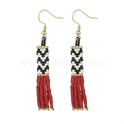 Glass Seed Braided Tassel Dangle Earrings, Golden 304 Stainless Steel Jewelry for Women, Red, 63.5mm, Pin: 0.7mm(EJEW-MZ00057)