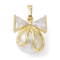Rack Plating Brass Micro Pave Clear Cubic Zirconia Pendants, with Plastic Pearl Beads, Long-Lasting Plated, Lead Free & Cadmium Free, Bowknot, Real 18K Gold Plated, 16x14.5x12.5mm, Hole: 6.2x3.8mm(KK-H463-07G)
